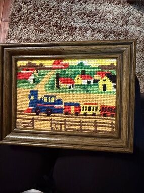 Framed Needlepoint Train Scene in Blue, Red, Yellow 1978
